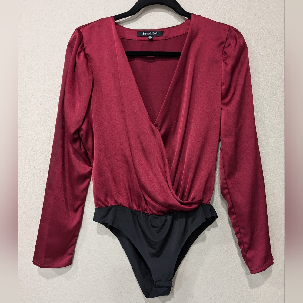 Strut & Bolt maroon Satin Faux Wrap Deep V Neck Bodysuit Size Medium